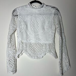 It’s Pink White Top Long Sleeve Crochet Style Embroidered Cutout Size S bohemian